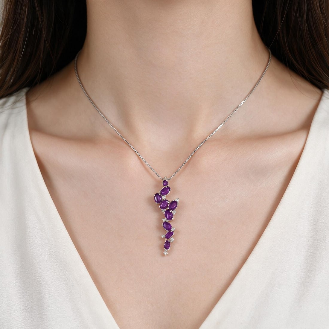 925 Sterling Silver Natural Amethyst Necklace - 9