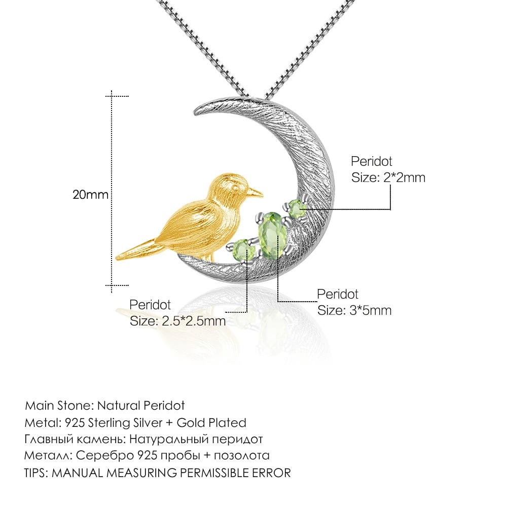 925 Sterling Silver Natural Peridot & Bird Necklace - 4