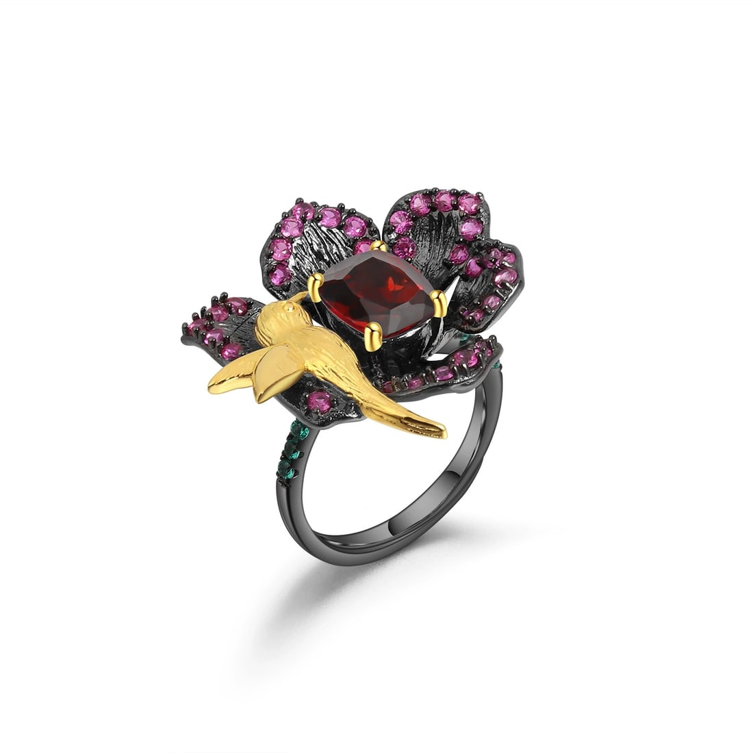925 Sterling Silver Natural Garnet & Lab Created Ruby & Nano Emerald & Flowers Ring - 2