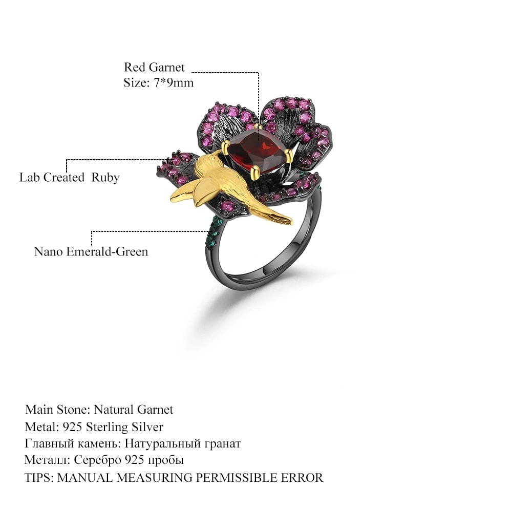 925 Sterling Silver Natural Garnet & Lab Created Ruby & Nano Emerald & Flowers Ring - 3