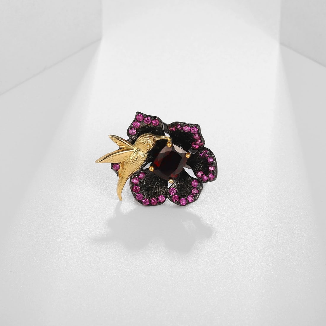 925 Sterling Silver Natural Garnet & Lab Created Ruby & Nano Emerald & Flowers Ring - 4