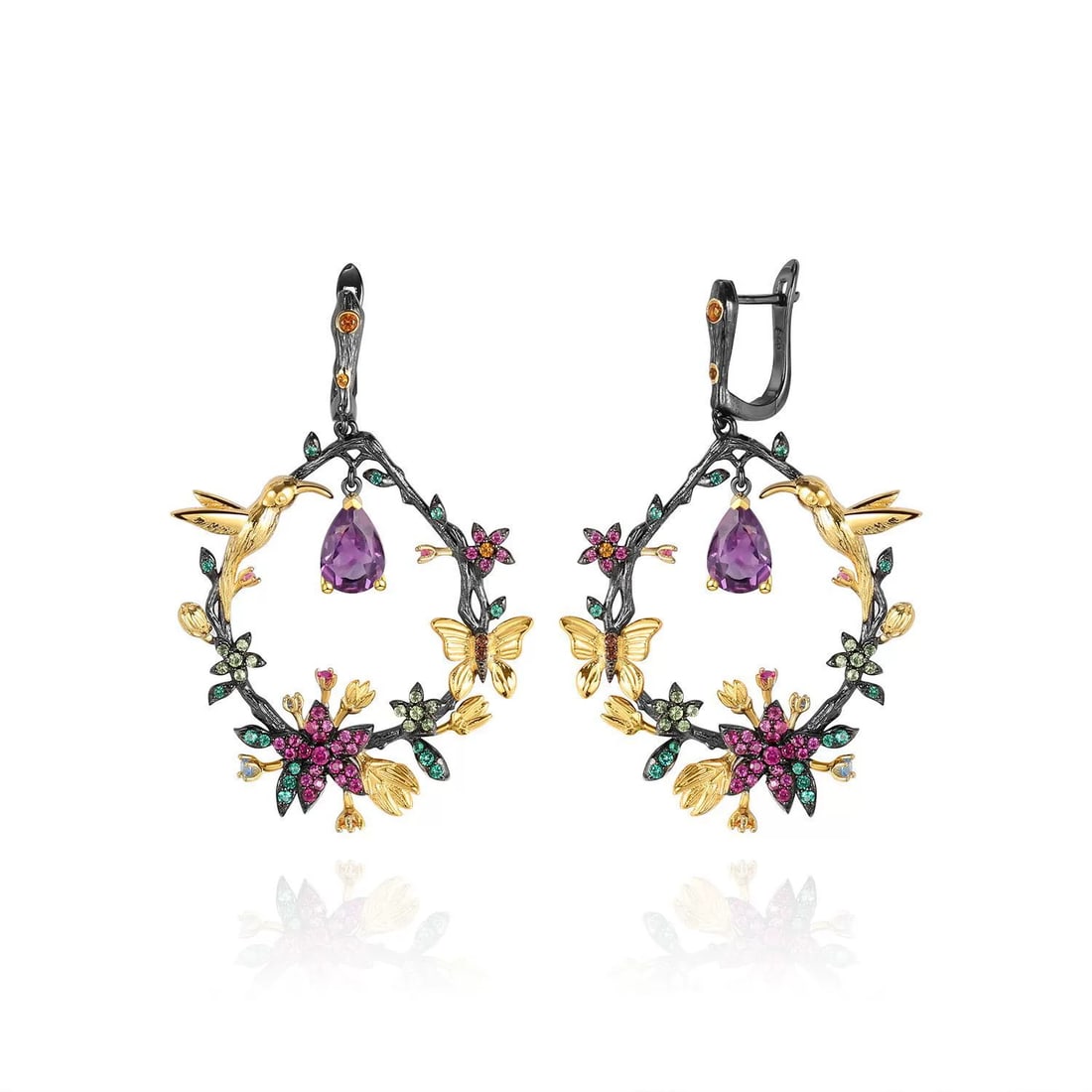 925 Sterling Silver Natural Garnet & Lab Created Ruby & Nano Emerald Earrings: Ref:260821100 // gold content:925 sterling silver // main gemstone:garnet // shape:pear // carat weight: // color:red // treatment:natural // // adjacent gemstone 2 : lab created ruby // shape:round