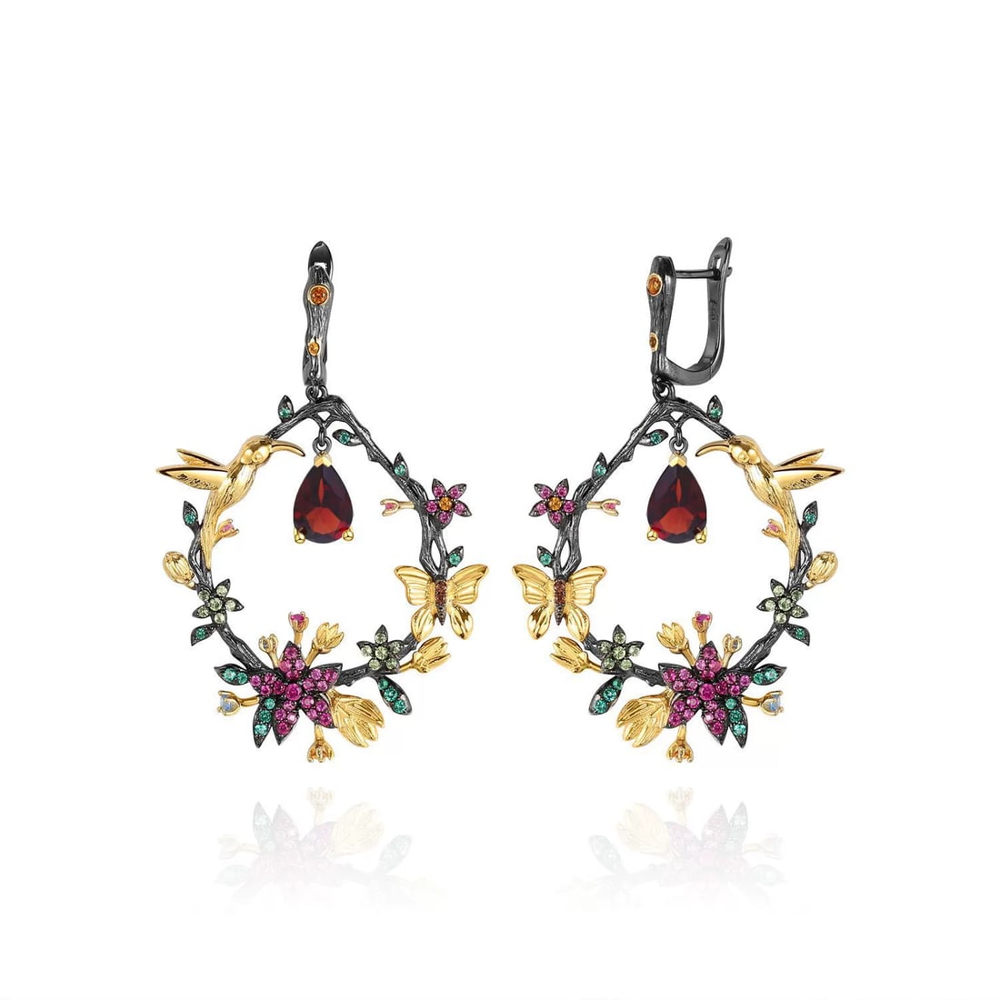 925 Sterling Silver Natural Garnet & Lab Created Ruby & Nano Emerald Earrings - 4