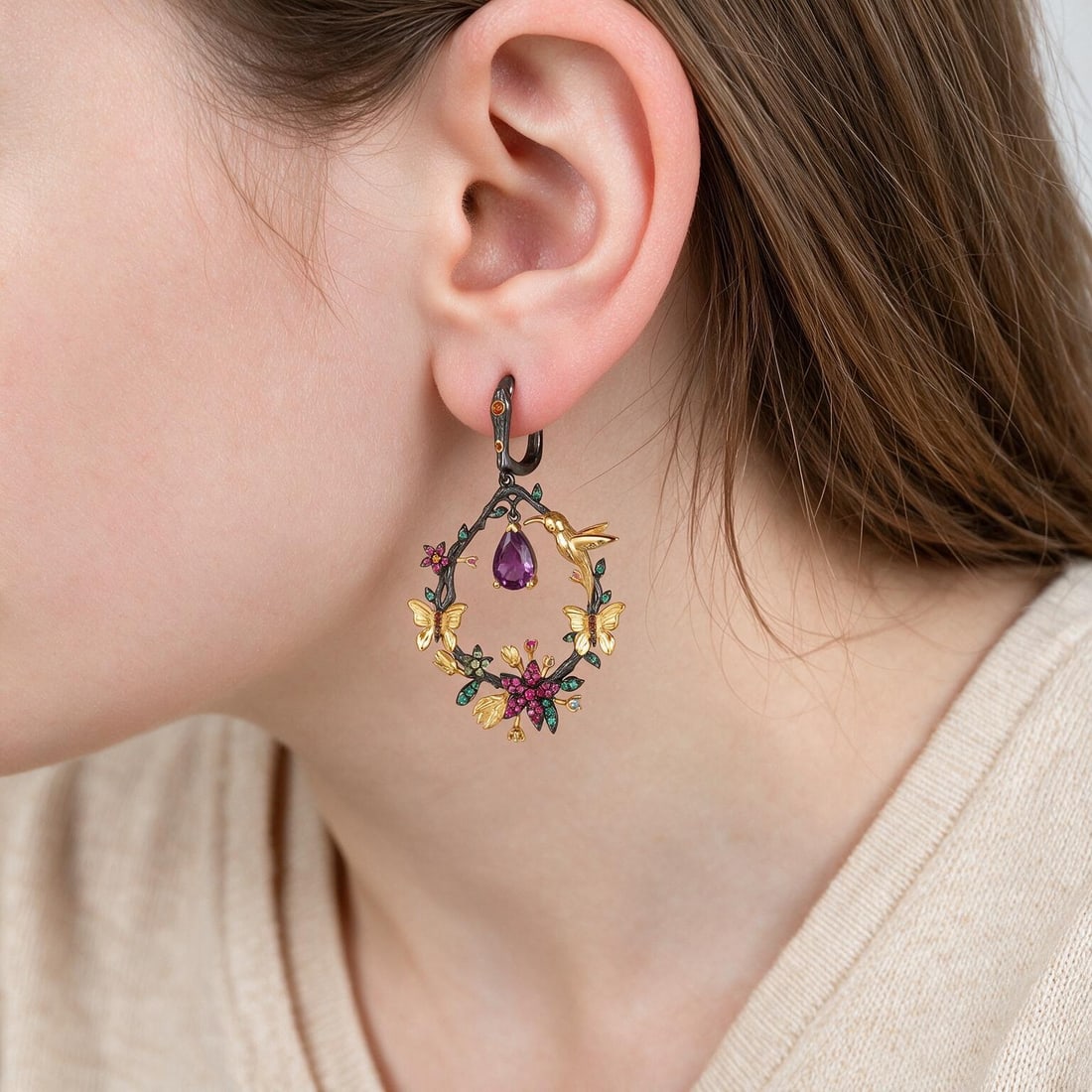 925 Sterling Silver Natural Garnet & Lab Created Ruby & Nano Emerald Earrings - 5