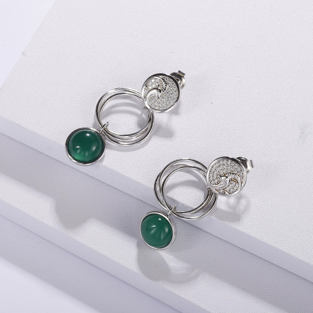 925 Sterling Silver Natural Agate & Cubic Zirconia Earrings - 4