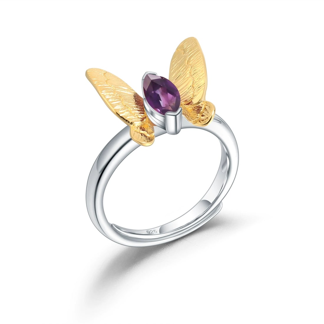 925 Sterling Silver Natural Amethyst & Butterfly Ring: Ref:260821104 // gold content:925 sterling silver // ring size:7. 25us // // main gemstone:amethyst // shape:marquise // carat weight: // color:purple // treatment:natural // Condition: New Low