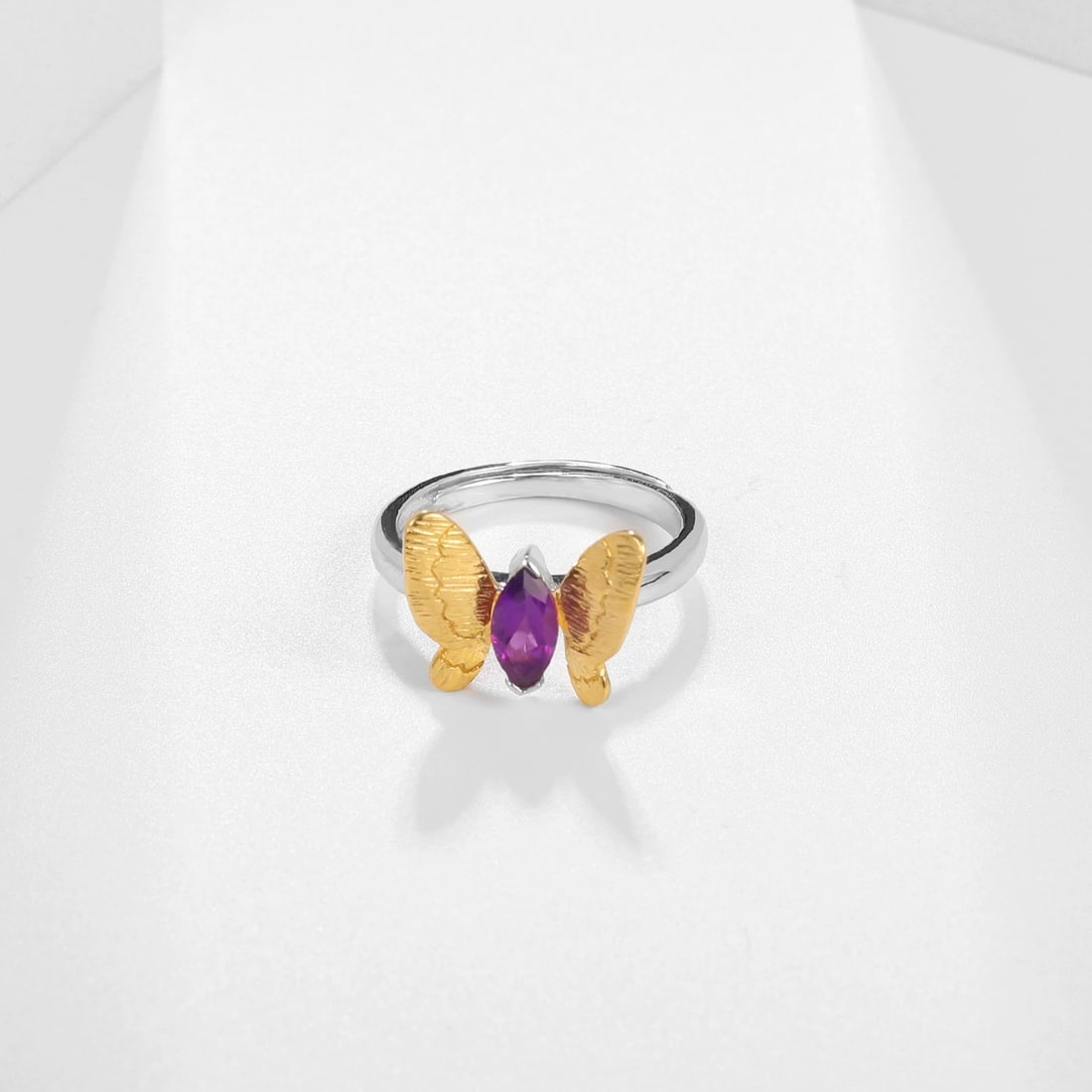 925 Sterling Silver Natural Amethyst & Butterfly Ring - 4