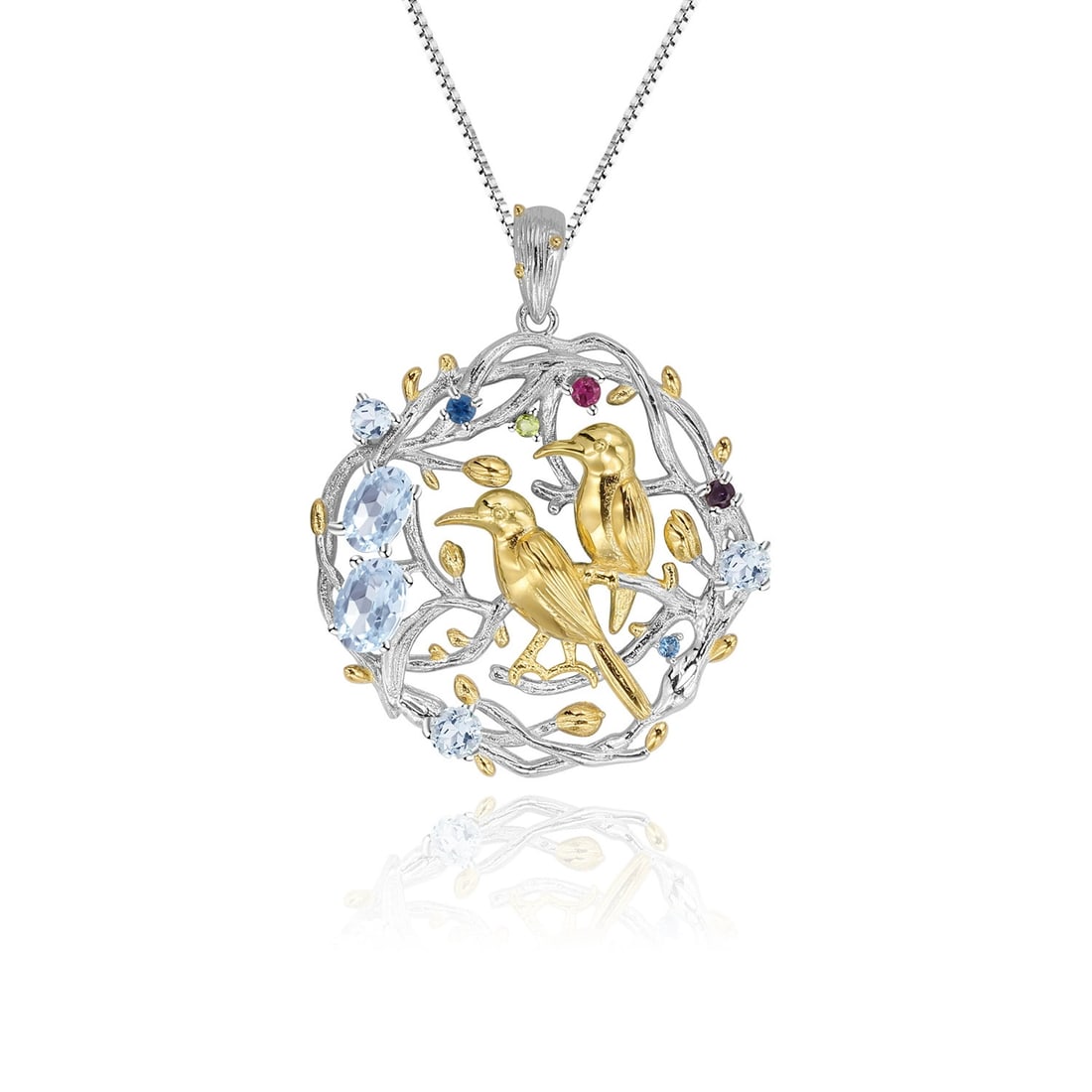 925 Sterling Silver Natural Topaz & Peridot & Amethyst & Bird Necklace: Ref:260821109 // gold content:925 sterling silver // main gemstone:topaz // shape:oval // carat weight: // color:blue // treatment:natural // // adjacent gemstone 2 : peridot // shape:oval // color:gr
