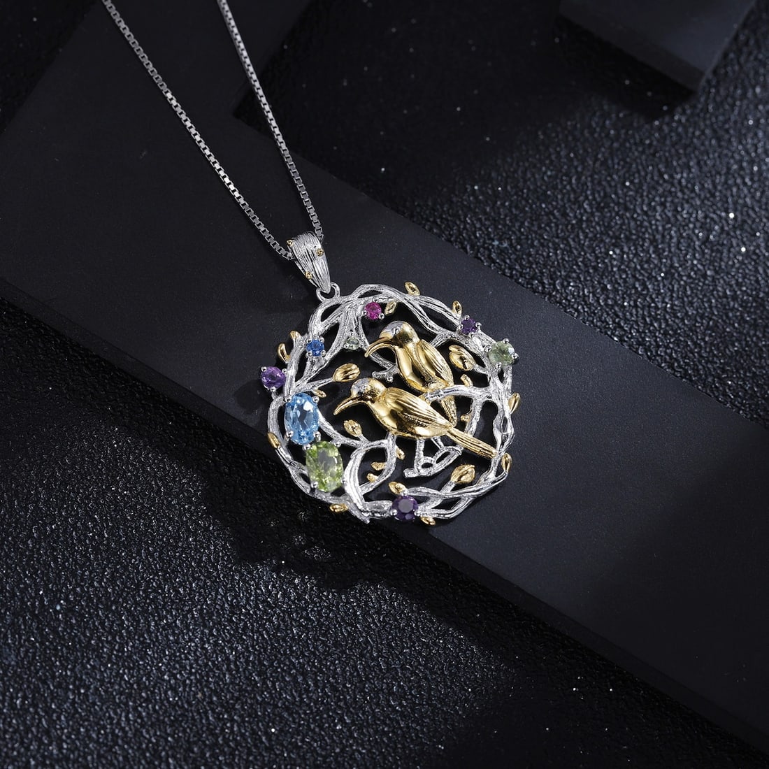 925 Sterling Silver Natural Topaz & Peridot & Amethyst & Bird Necklace - 3