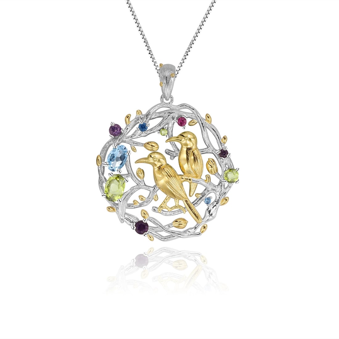 925 Sterling Silver Natural Topaz & Peridot & Amethyst & Bird Necklace - 4