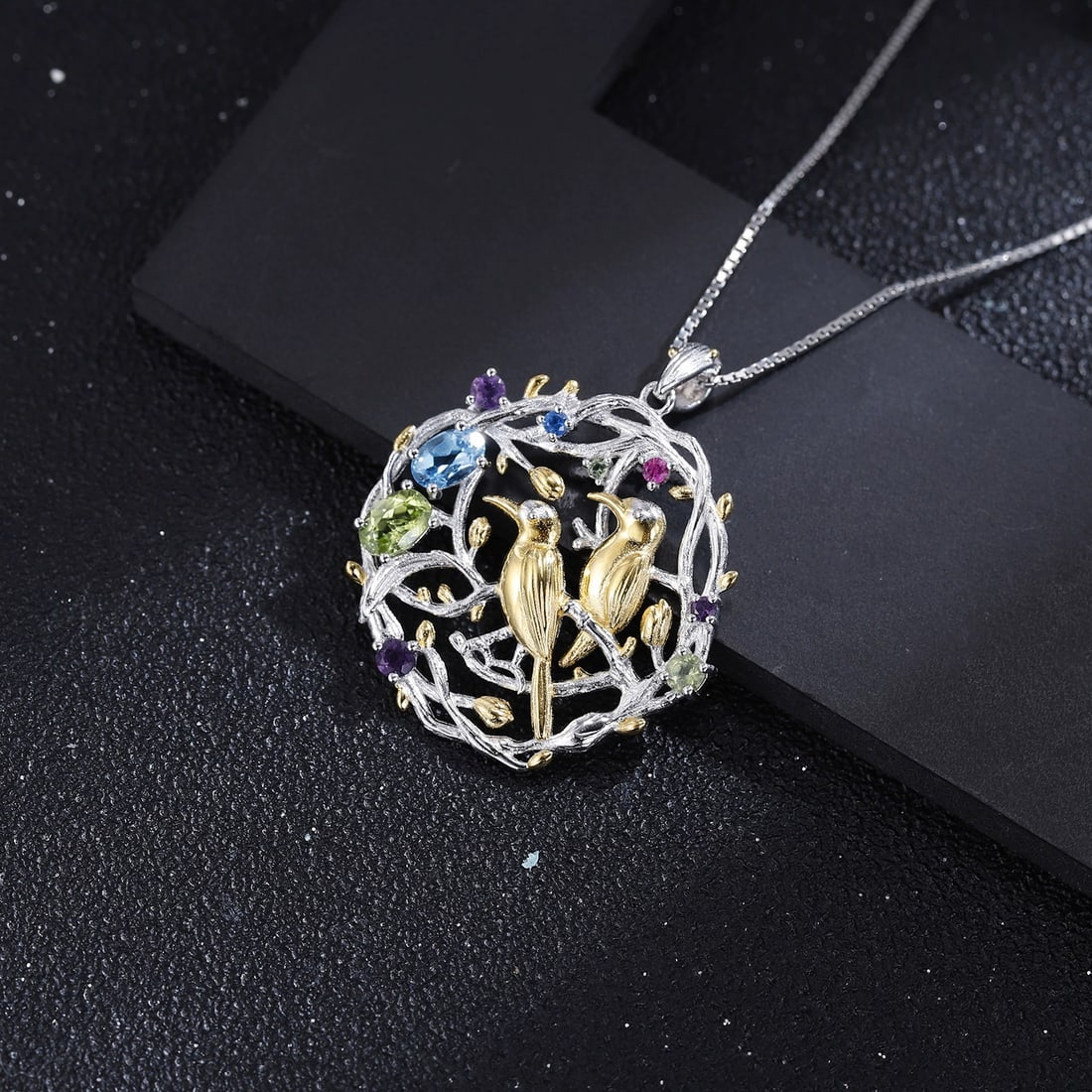 925 Sterling Silver Natural Topaz & Peridot & Amethyst & Bird Necklace - 5