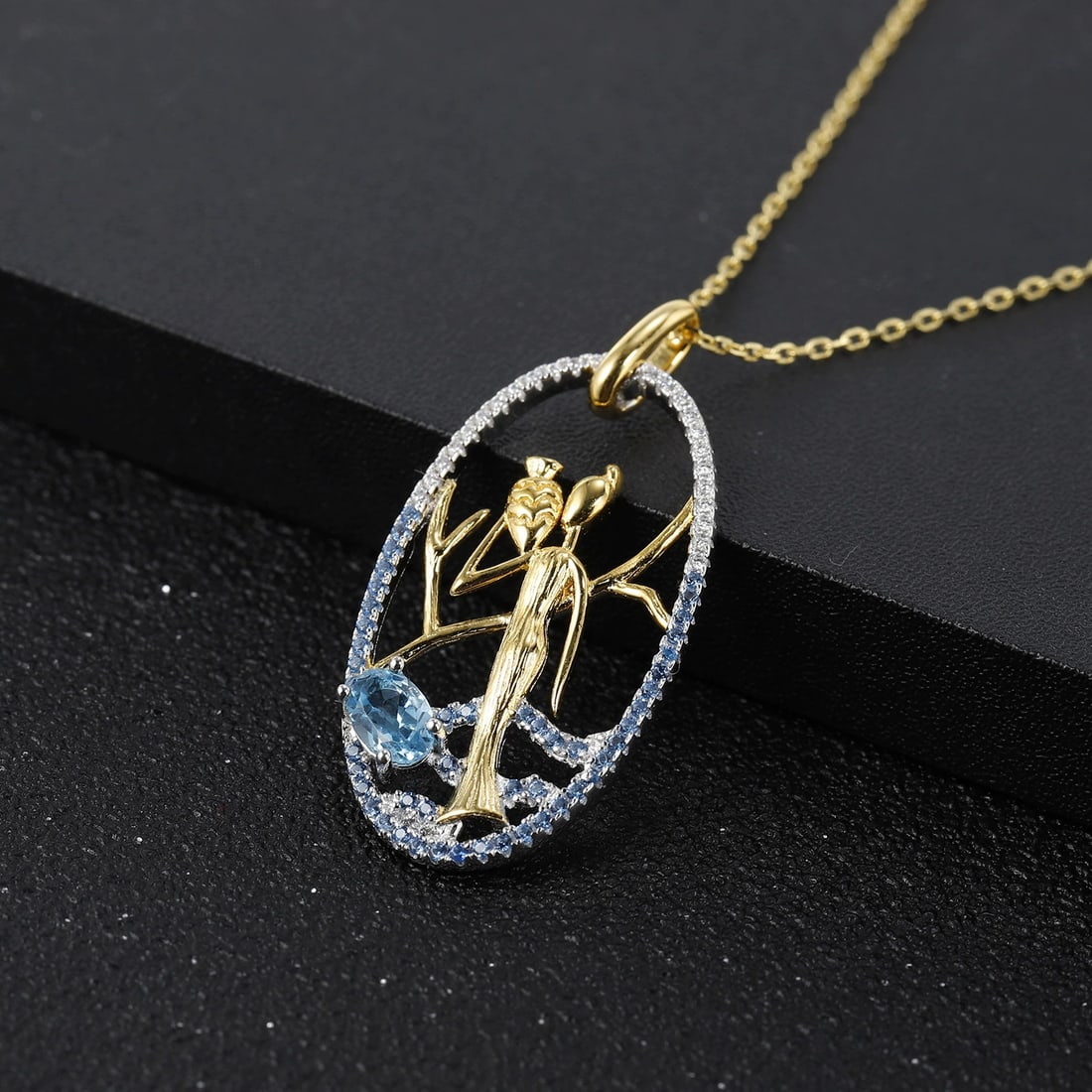 925 Sterling Silver Natural Topaz & Cubic Zirconia & Nano Swiss Blue Necklace - 6