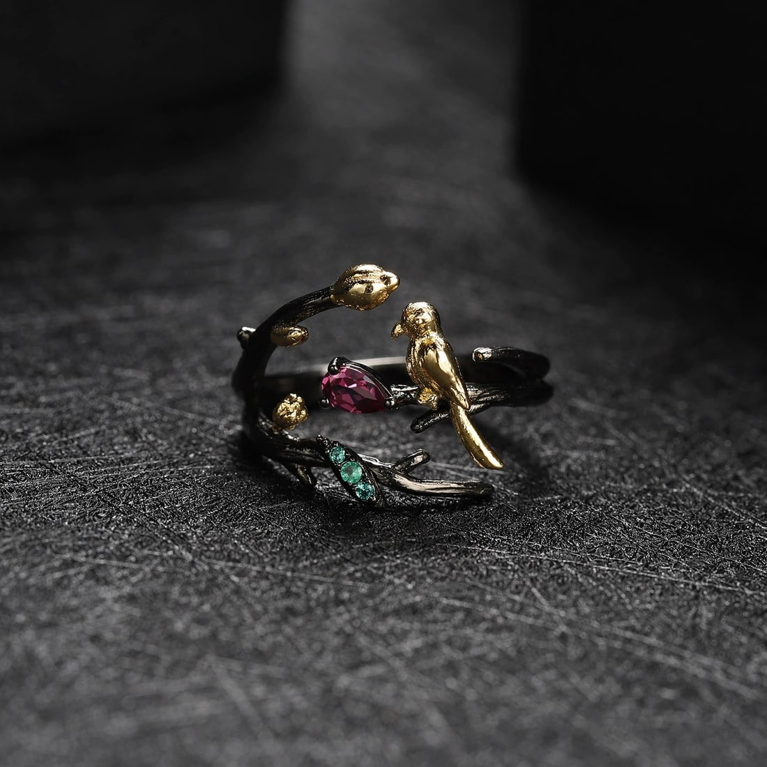 925 Sterling Silver Natural Rhodolite Garnet & Nano Emerald & Bird Ring - 2