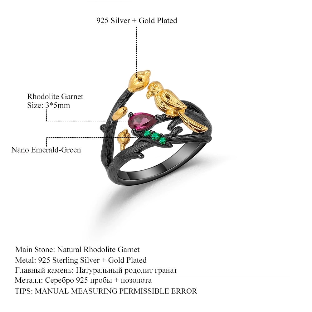 925 Sterling Silver Natural Rhodolite Garnet & Nano Emerald & Bird Ring - 3