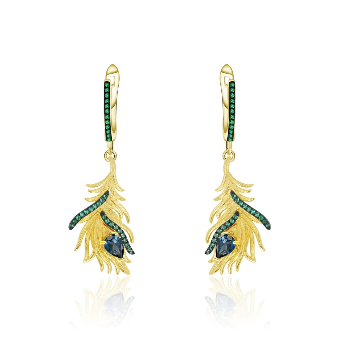 925 Sterling Silver Natural Topaz & Nano Emerald & Feather Earrings: Ref:260821118 // gold content:925 sterling silver // main gemstone:topaz // shape:pear // carat weight: // color:blue // treatment:natural // // adjacent gemstone 2 : nano emerald // shape:round //