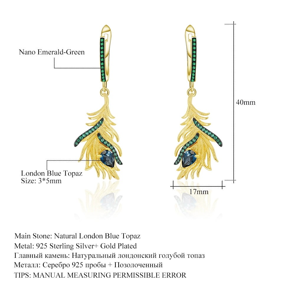 925 Sterling Silver Natural Topaz & Nano Emerald & Feather Earrings - 4