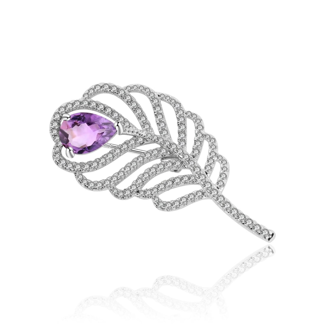 925 Sterling Silver Natural Amethyst & Cubic Zirconia Brooch: Ref:260821119 // gold content:925 sterling silver // main gemstone:amethyst // shape:pear // carat weight: // color:purple // treatment:natural // // adjacent gemstone 2 : cubic zirconia //