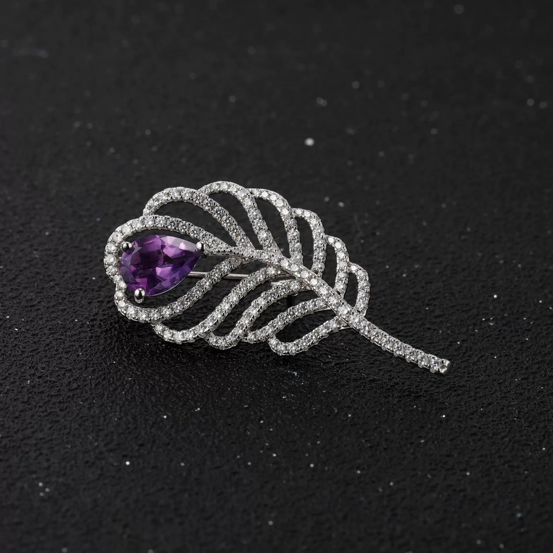 925 Sterling Silver Natural Amethyst & Cubic Zirconia Brooch - 4