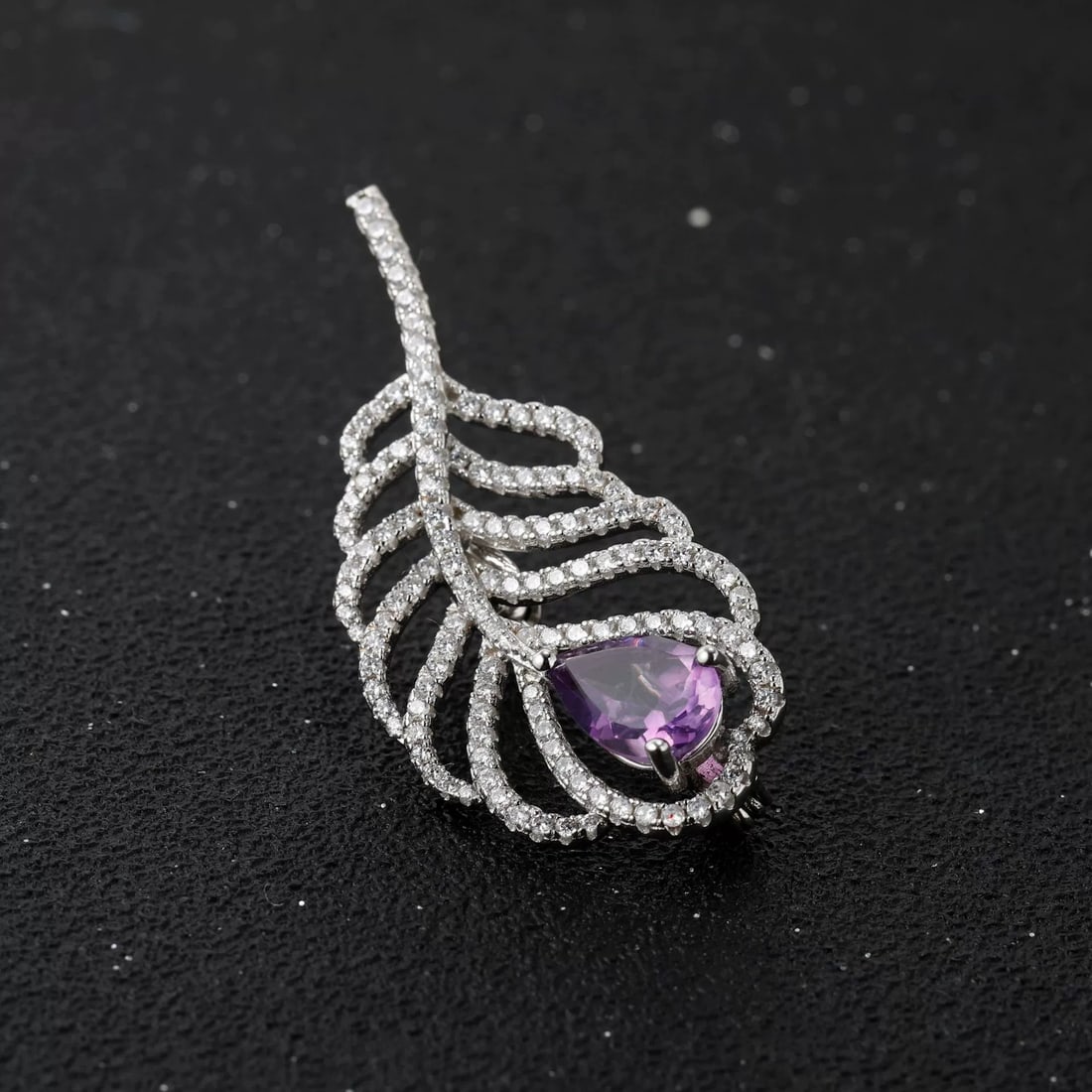 925 Sterling Silver Natural Amethyst & Cubic Zirconia Brooch - 5