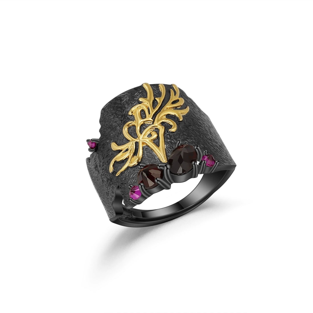 925 Sterling Silver Natural Rhodolite Garnet & Synthetic Ruby Ring: Ref:260821122 // gold content:925 sterling silver // ring size:7. 25us // // main gemstone:rhodolite garnet // shape:multiple // carat weight: // color:red // treatment:natural // // adjacent