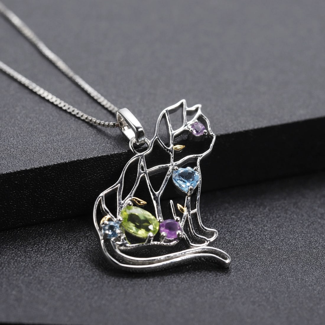 925 Sterling Silver Natural Peridot & Topaz & Amethyst Necklace - 2