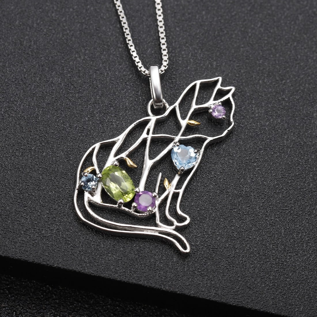 925 Sterling Silver Natural Peridot & Topaz & Amethyst Necklace - 4