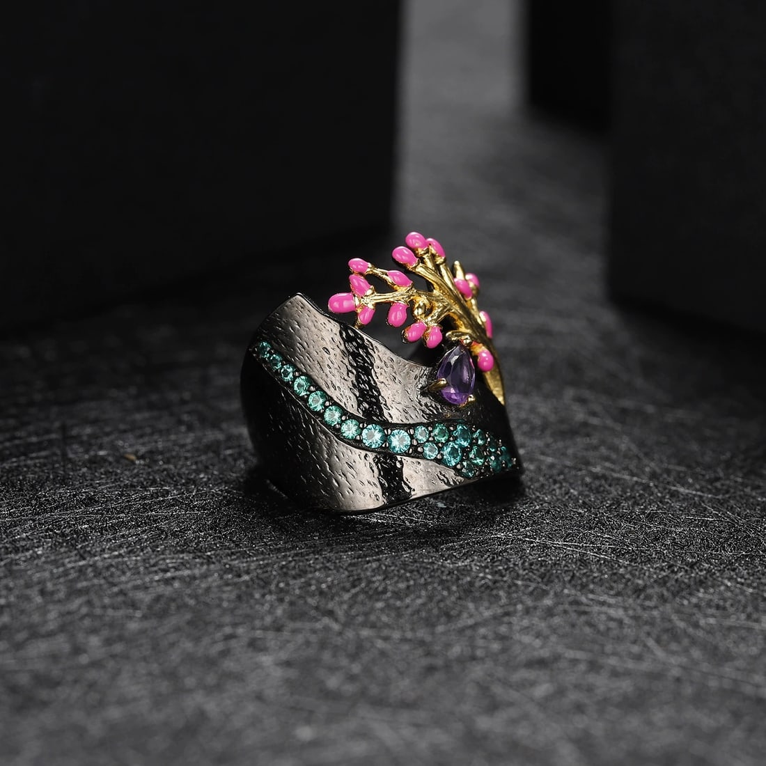 925 Sterling Silver Natural Amethyst & Nano Emerald Ring - 2