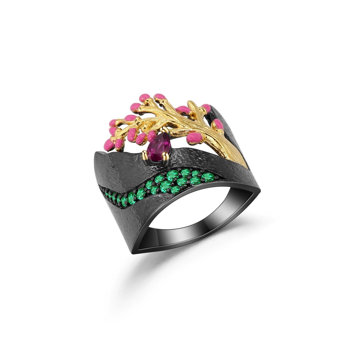 925 Sterling Silver Natural Amethyst & Nano Emerald Ring - 3