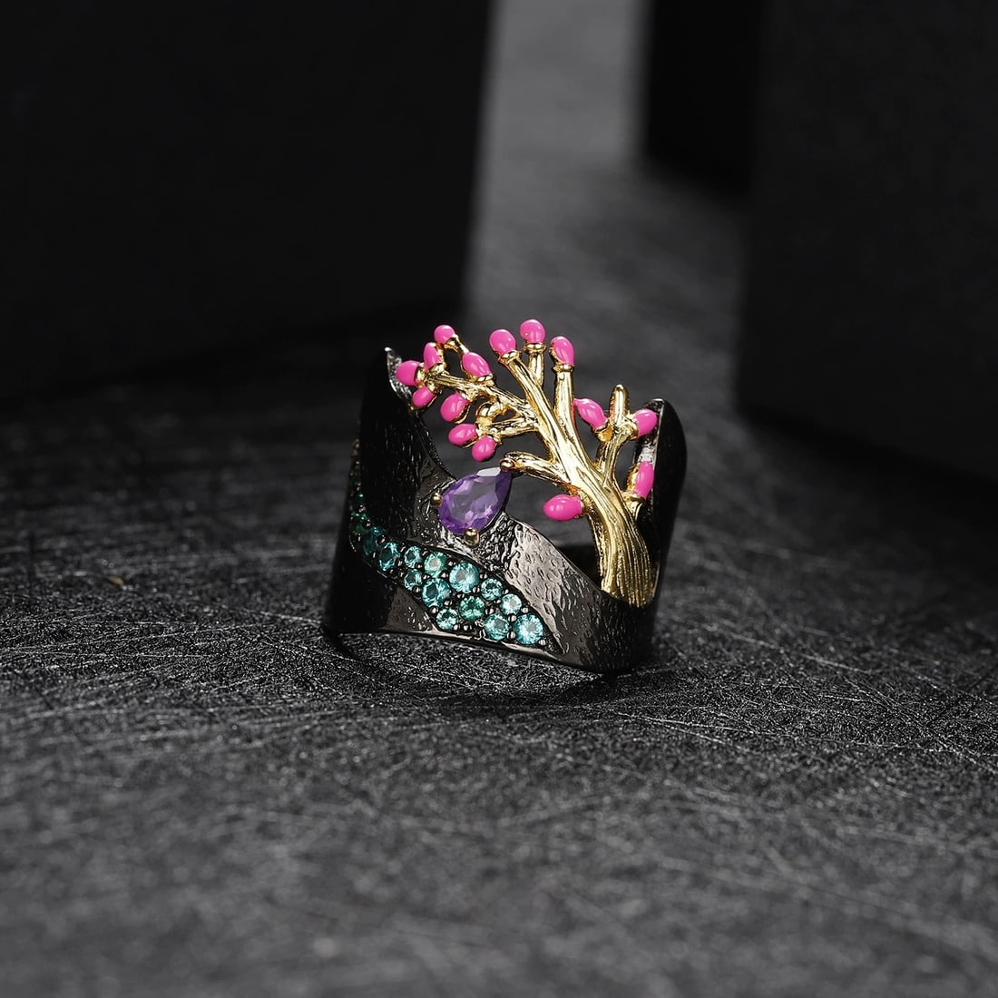 925 Sterling Silver Natural Amethyst & Nano Emerald Ring - 4