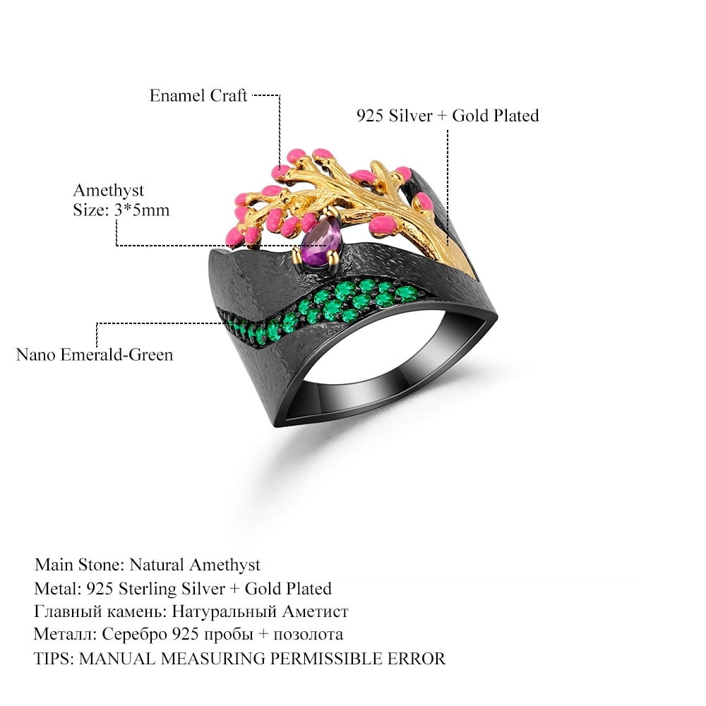 925 Sterling Silver Natural Amethyst & Nano Emerald Ring - 5