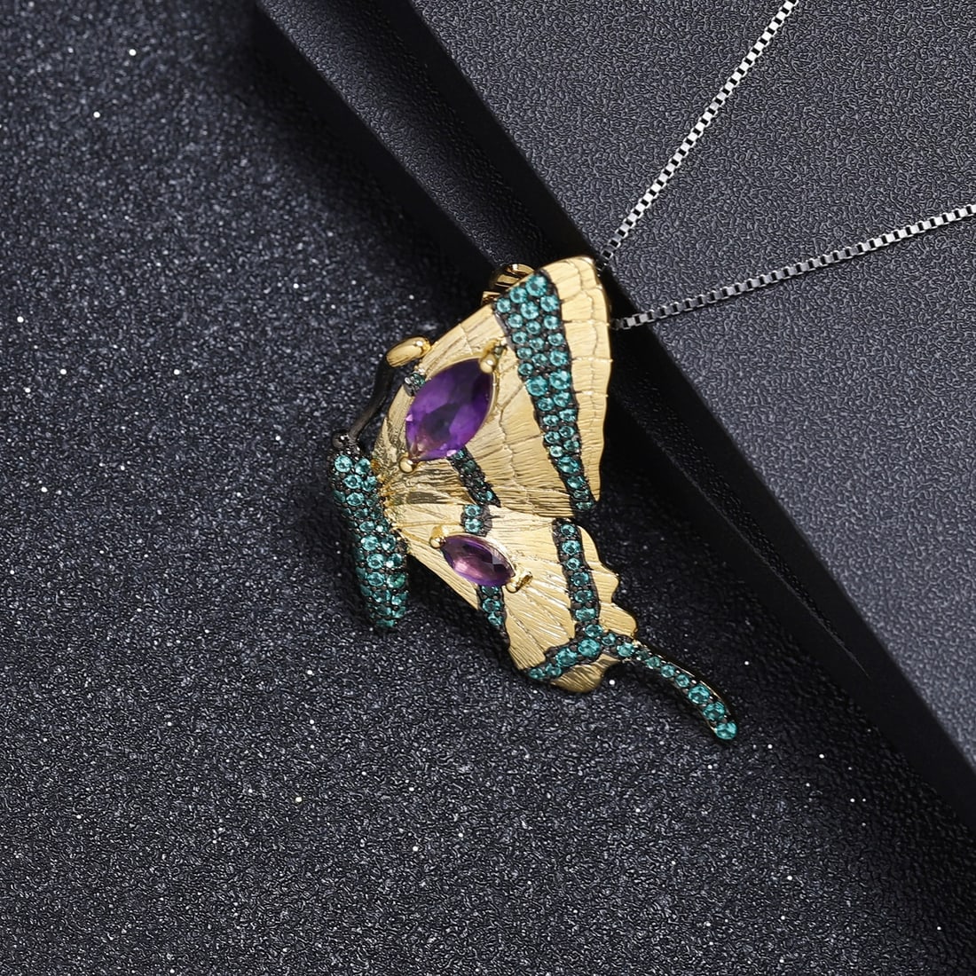 925 Sterling Silver Natural Amethyst & Nano Emerald & Butterfly Necklace - 4