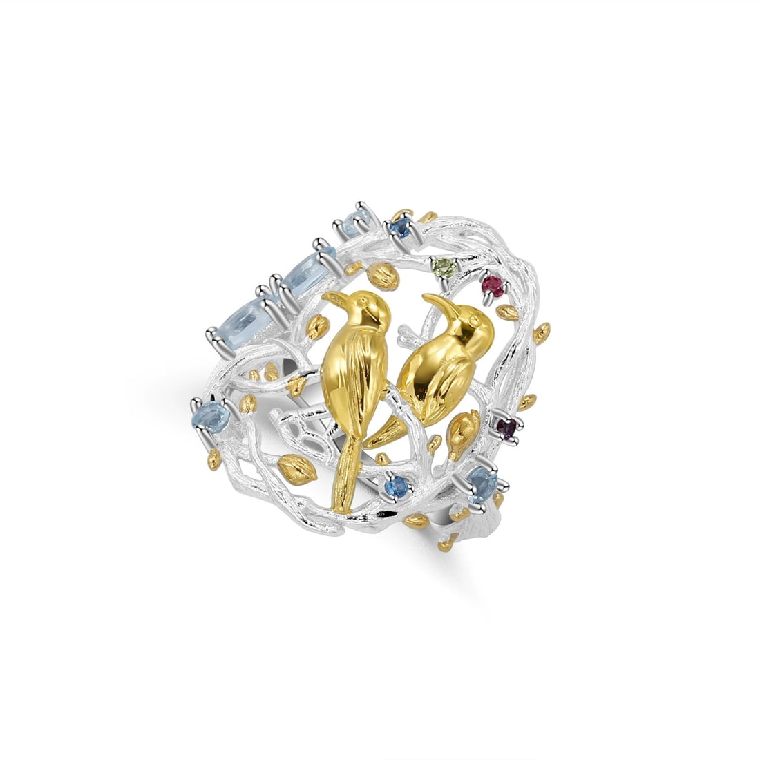 925 Sterling Silver Natural Topaz & Peridot & Amethyst Ring - 6