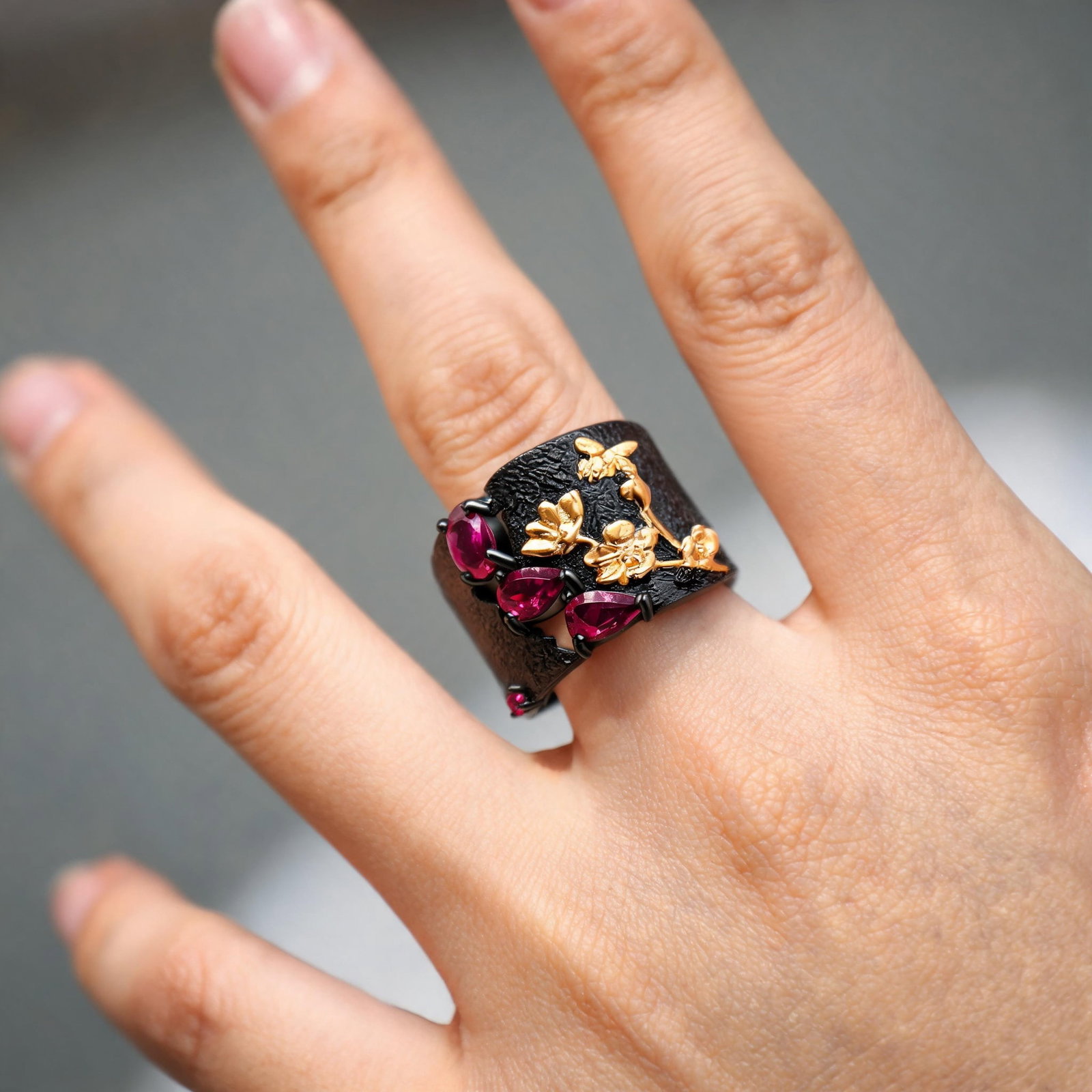 925 Sterling Silver Natural Rhodolite Garnet & Synthetic Ruby Ring - 6