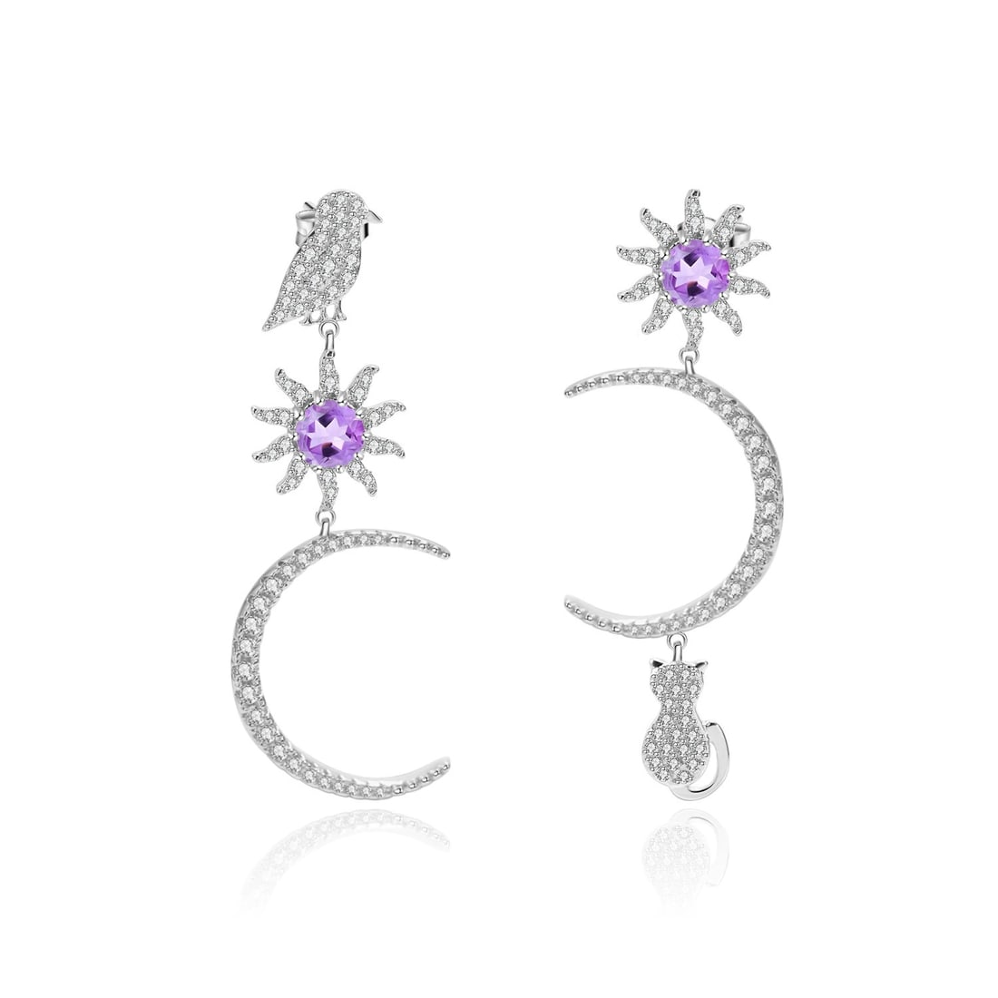 925 Sterling Silver Natural Amethyst & Cubic Zirconia Earrings: Ref:260821145 // gold content:925 sterling silver // main gemstone:amethyst // shape:round // carat weight: // color:purple // treatment:natural // cut grade:g // // adjacent gemstone 2 : cubic