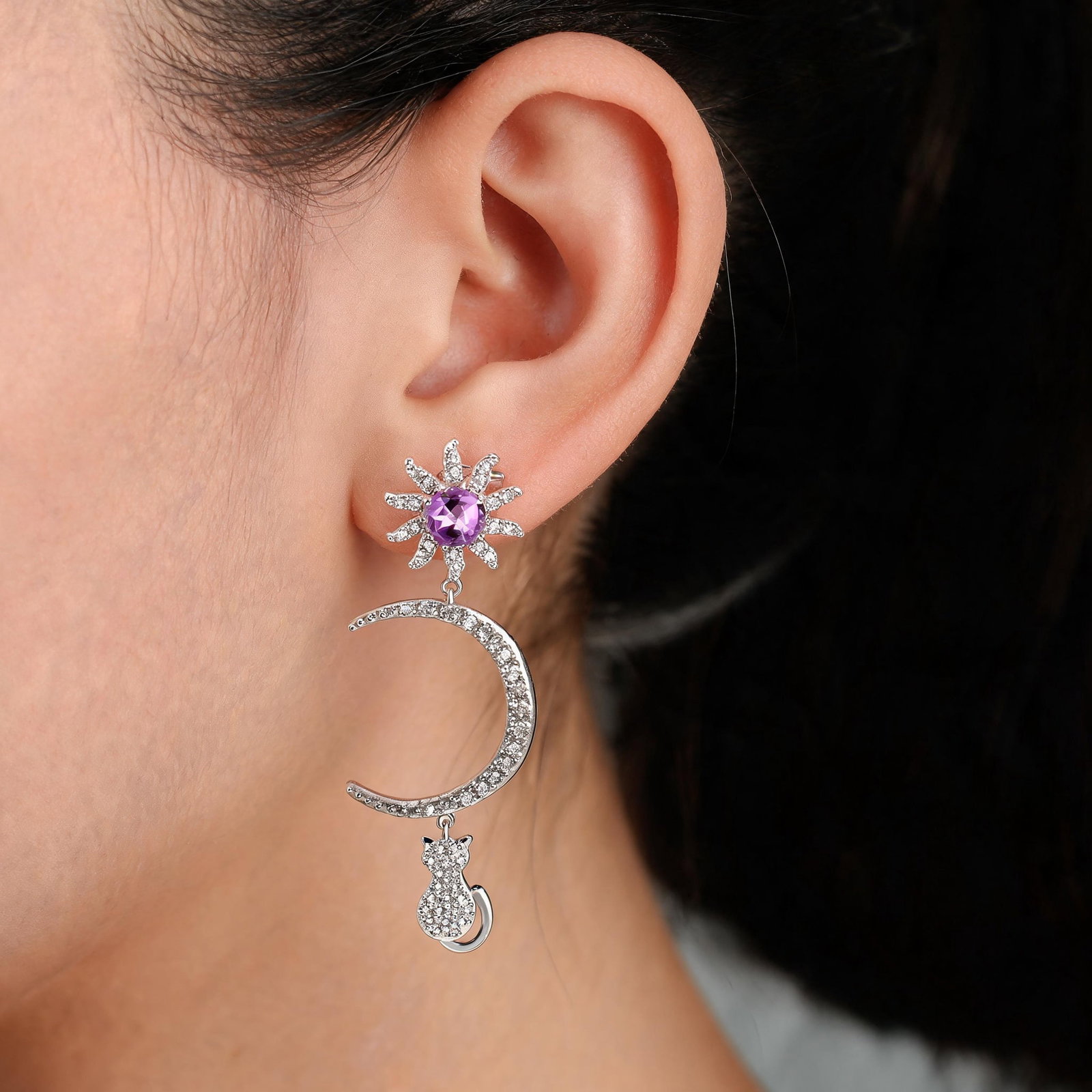 925 Sterling Silver Natural Amethyst & Cubic Zirconia Earrings - 6