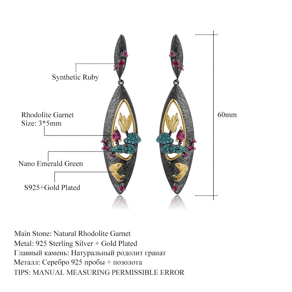 925 Sterling Silver Natural Rhodolite Garnet & Synthetic Ruby & Nano Emerald Earrings - 2