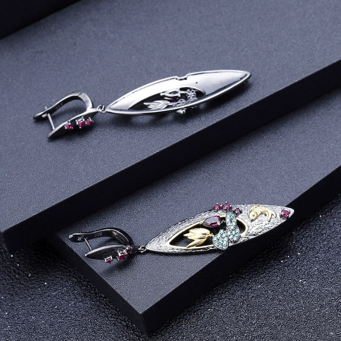 925 Sterling Silver Natural Rhodolite Garnet & Synthetic Ruby & Nano Emerald Earrings - 3