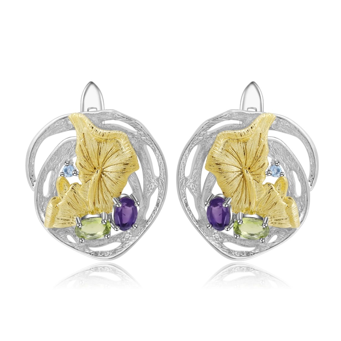 925 Sterling Silver Natural Amethyst & Peridot & Topaz Earrings: Ref:260821152 // gold content:925 sterling silver // main gemstone:amethyst // shape:oval // carat weight: // color:purple // treatment:natural // // adjacent gemstone 2 : peridot // shape:oval //