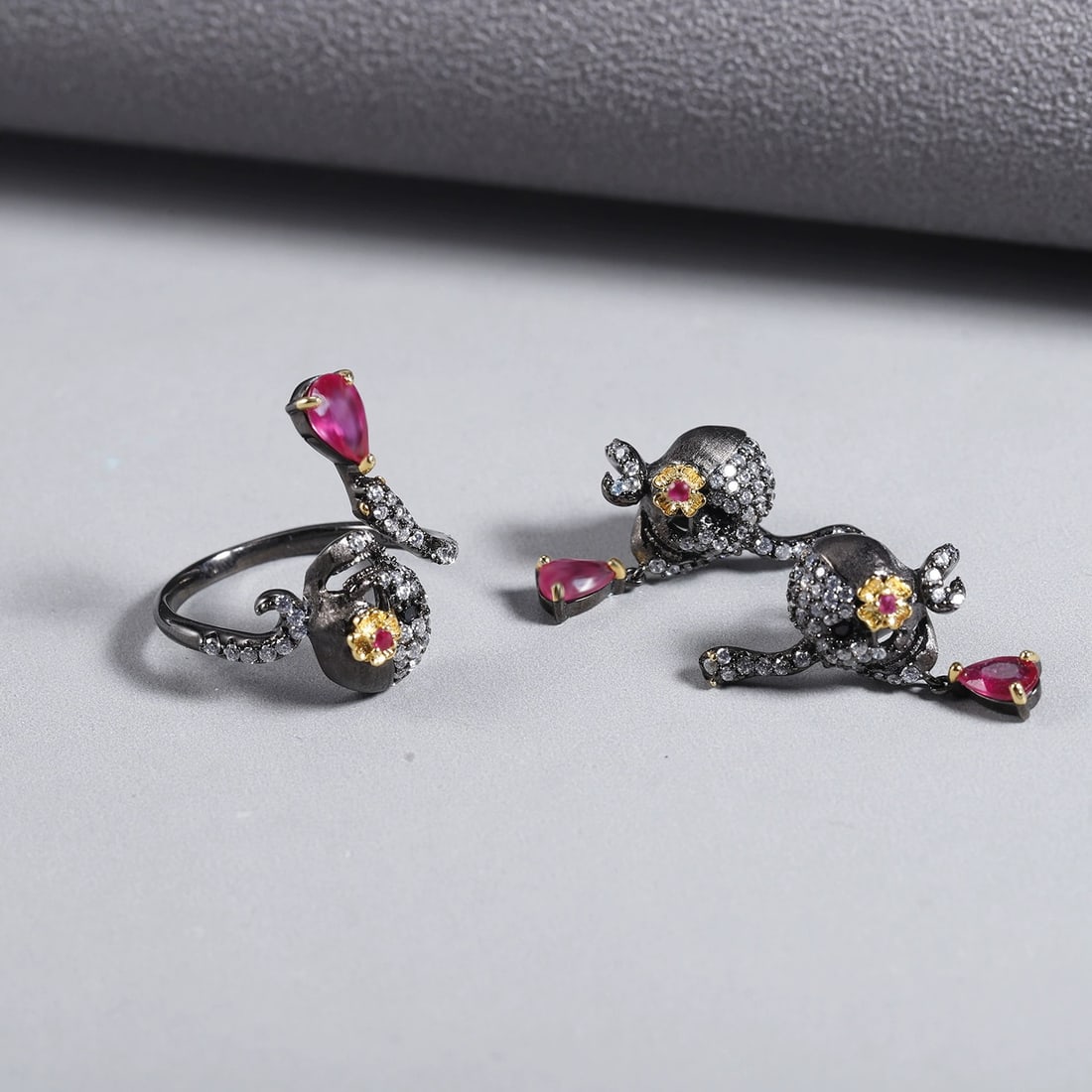925 Sterling Silver Glass-fillde Ruby & Cubic Zirconia & Synthetic Ruby Jewelry Set - 4
