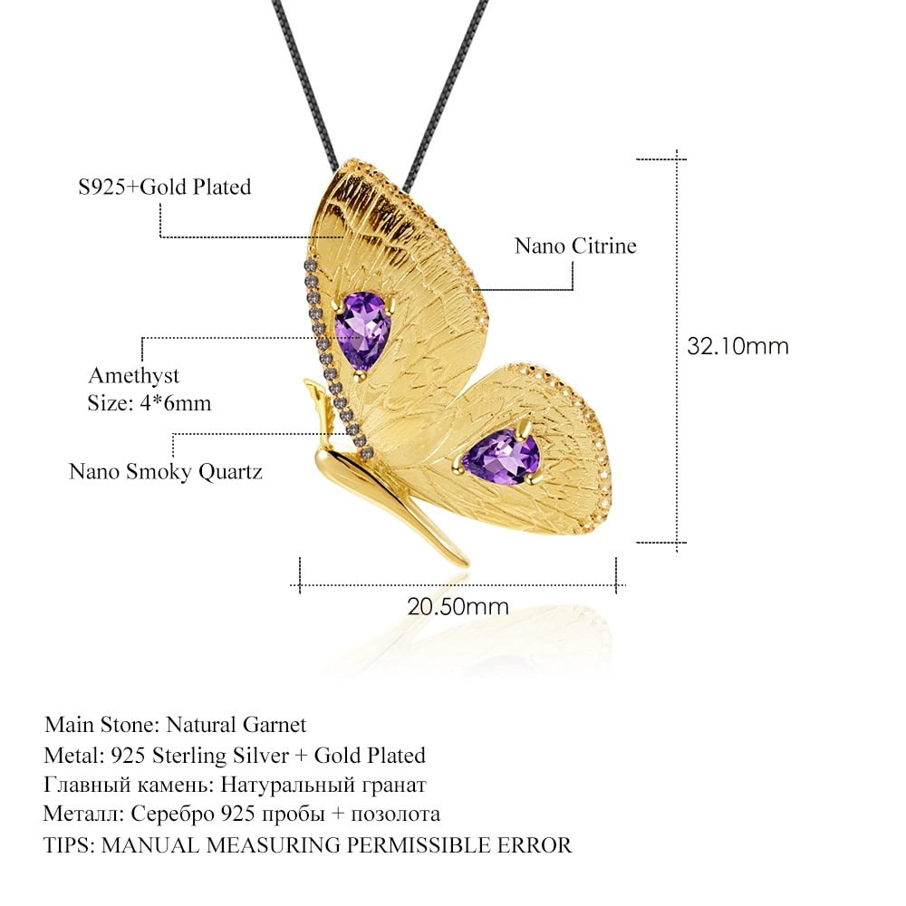 925 Sterling Silver Natural Amethyst & Butterfly Necklace - 2