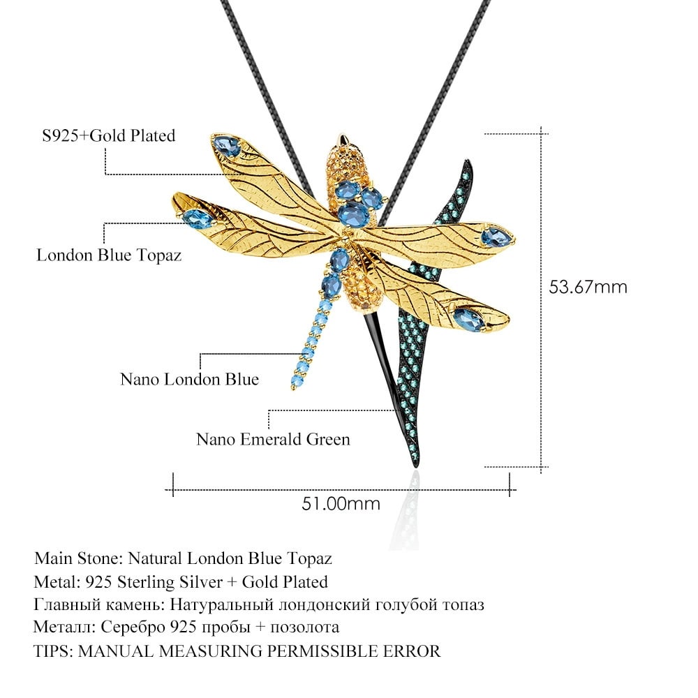925 Sterling Silver Natural Topaz & Nano Emerald & Dragonfly Necklace - 2