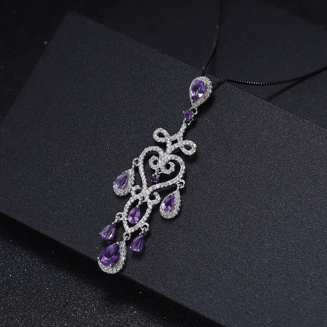 925 Sterling Silver Natural Amethyst & Cubic Zirconia Necklace - 4