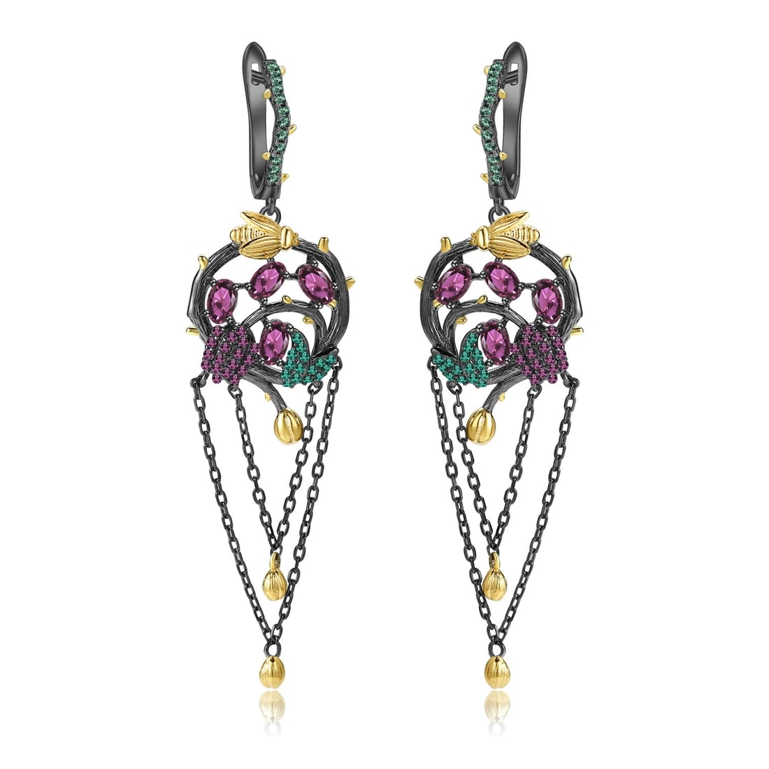925 Sterling Silver Natural Rhodolite Garnet & Lab Created Ruby & Nano Emerald Earrings: Ref:260821163 // gold content:925 sterling silver // main gemstone:rhodolite garnet // shape:oval // carat weight: // color:red // treatment:natural // // adjacent gemstone 2 : lab created ruby //