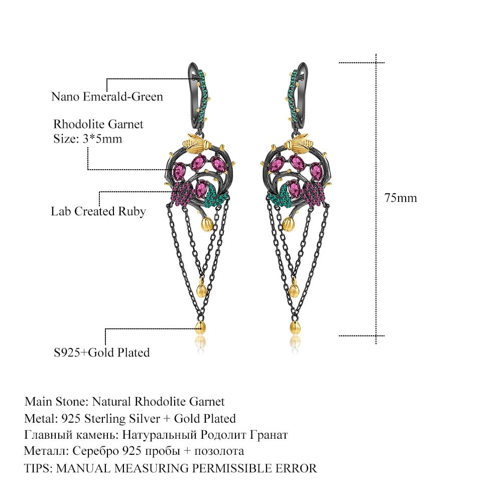 925 Sterling Silver Natural Rhodolite Garnet & Lab Created Ruby & Nano Emerald Earrings - 2