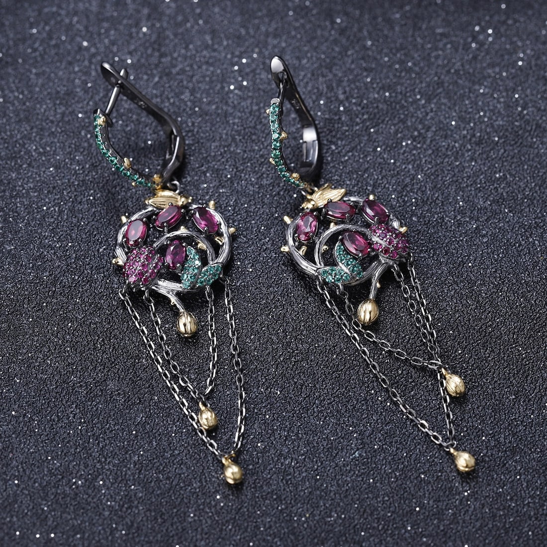 925 Sterling Silver Natural Rhodolite Garnet & Lab Created Ruby & Nano Emerald Earrings - 3