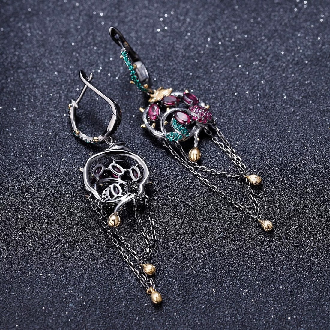 925 Sterling Silver Natural Rhodolite Garnet & Lab Created Ruby & Nano Emerald Earrings - 4