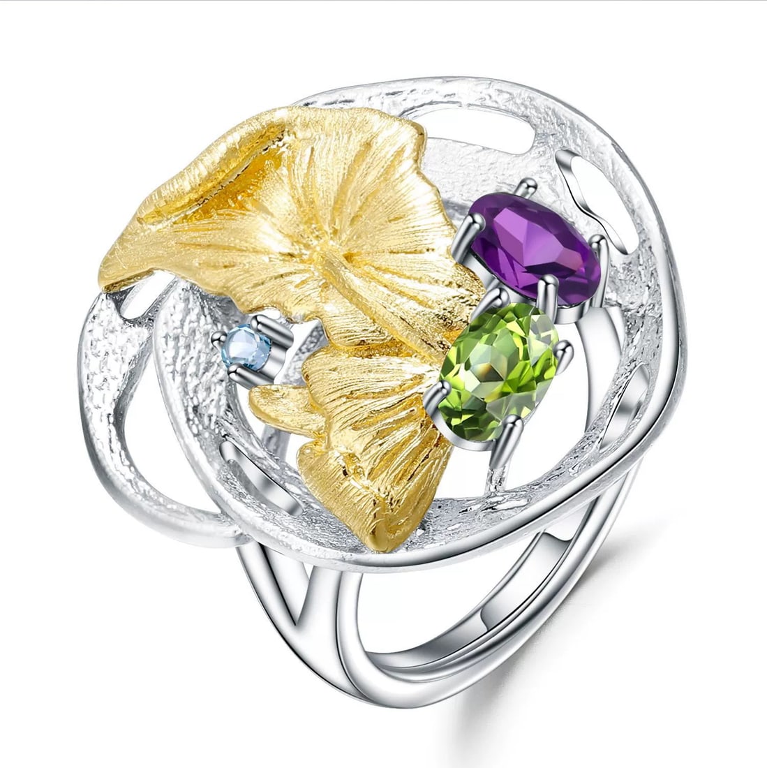 925 Sterling Silver Natural Amethyst & Peridot & Topaz Ring: Ref:260821167 // gold content:925 sterling silver // ring size:7. 25us // // main gemstone:amethyst // shape:oval // carat weight: // color:purple // treatment:natural // // adjacent gemstone 2 :