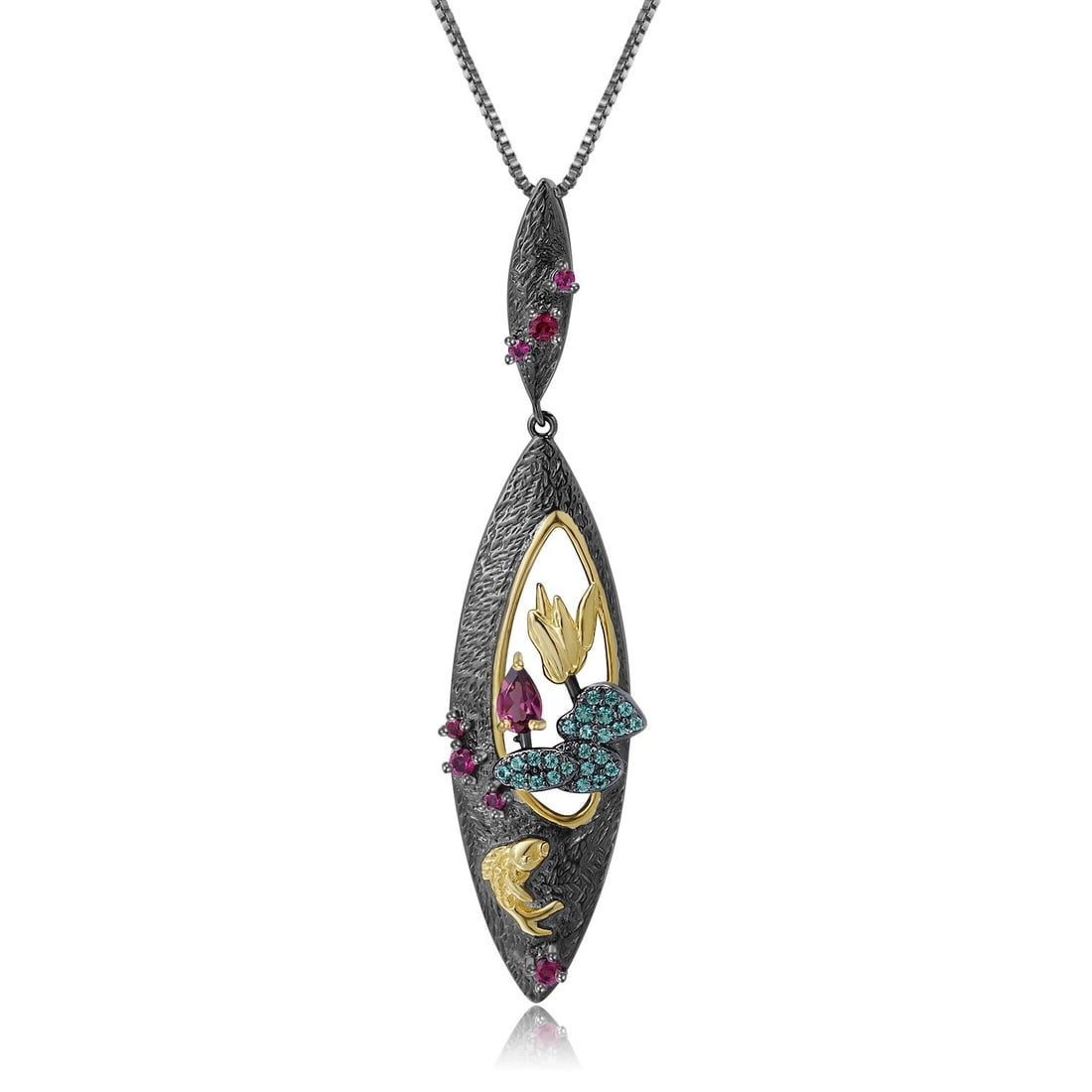 925 Sterling Silver Natural Rhodolite Garnet & Synthetic Ruby & Nano Emerald Necklace: Ref:260821168 // gold content:925 sterling silver // main gemstone:rhodolite garnet // shape:pear // carat weight: // color:red // treatment:natural // // adjacent gemstone 2 : synthetic ruby // shape