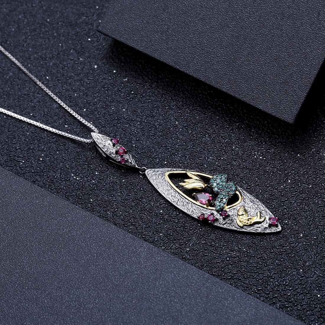 925 Sterling Silver Natural Rhodolite Garnet & Synthetic Ruby & Nano Emerald Necklace - 3