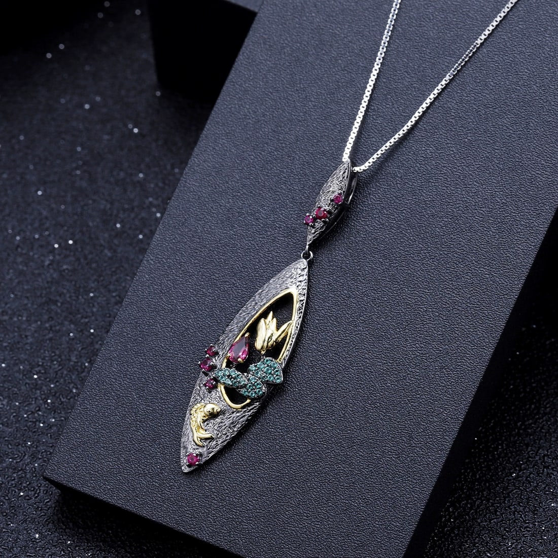 925 Sterling Silver Natural Rhodolite Garnet & Synthetic Ruby & Nano Emerald Necklace - 4